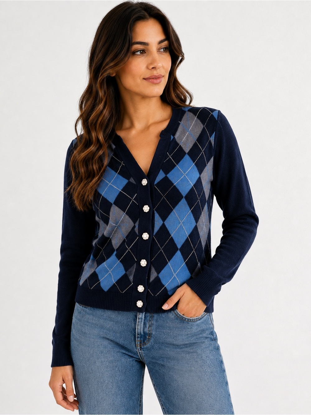 Michael Kors Navy Argyle V-Neck Cardigan with Blue Accents